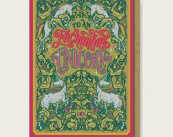 Enchanting Unicorn IRL Greeting Card. Magical Pink and Green Birthday Card