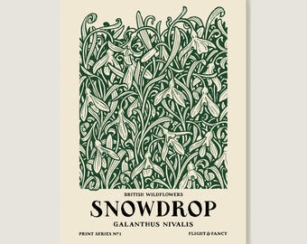 May include: A vintage botanical illustration of a snowdrop flower, with the text "BRITISH WILDFLOWERS SNOWDROP GALANTHUS NIVALIS PRINT SERIES Nº1 FLIGHT & FANCY" at the bottom.