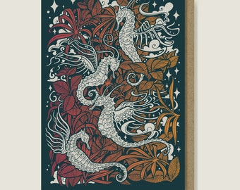 Illustrated Seahorses Greeting Card. Vibrant Pink and Orange Screenprint design.