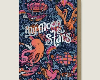 My Moon and Stars Card. A6 Silver Foiled, Multicolour Celestial Valentines Day, Love Card