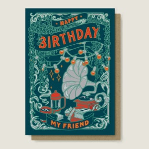 Birthday Tunes Coffee and Music Themed Greeting Card. Blue and Green Record Player Art Card. image 1