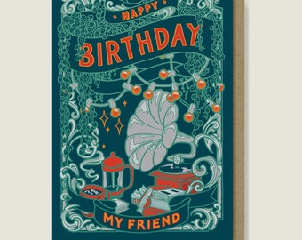 Birthday Tunes Coffee and Music Themed Greeting Card. Blue and Green Record Player Art Card.