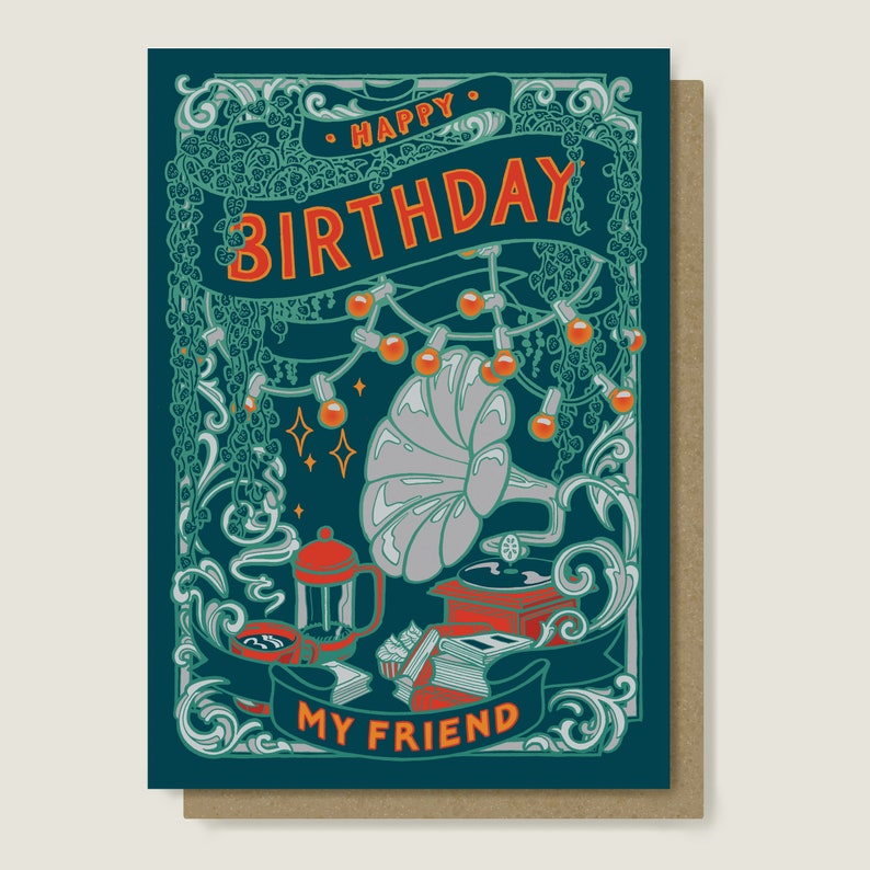 Birthday Tunes Coffee and Music Themed Greeting Card. Blue and Green Record Player Art Card. image 1