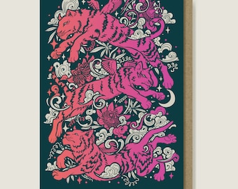 Space Tigers Art Card. Pink and Coral Any-Occasion Birthday Card.