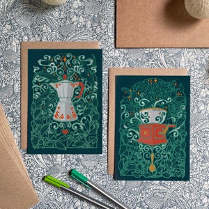 Espresso Maker Coffee Themed Greeting Card. Kitchen Kitsch, Blue and Green, Moka Pot Art Card image 2