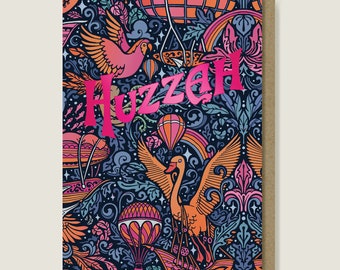 Huzzah Card. Magenta Foiled, Rainbow, Celestial Fantasy Animal Celebration Card