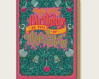 Magic and Potions Birthday Card. Pink and Green geeky, booze themed Card