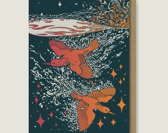 Illustrated Diving Birds Greeting Card. Vibrant Pink and Orange Screenprint design.