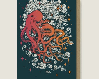 Illustrated Flying Octopus Greeting Card. Vibrant Pink and Orange Screenprint design.