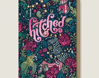 Hitched Card. Pink Foiled, Carnival, Circus, Festival Wedding Festivities Card