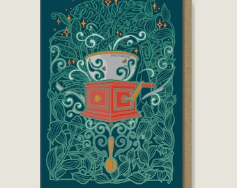 Daily Grind Coffee Themed Greeting Card. Kitchen Kitsch Green and Blue Coffee Grinder Art Card