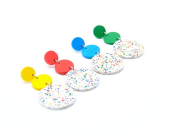 Round terrazzo earrings, vivid color long earrings, red, yellow, blue, green, fair earrings, unique gift for mom, modern minimalist earrings