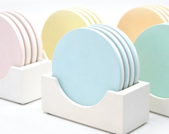 Round concrete coasters with holder set of 4 available in 5 pastel colors, modern decor, modern design, Tea, Coffee, Teacher gift