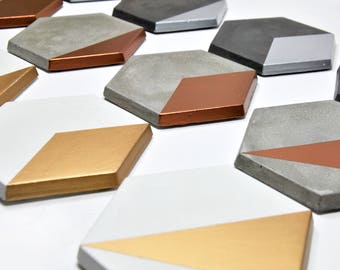 Posavasos hexagonales de hormigón: juego moderno de azulejos de cemento, cobre, oro y plata