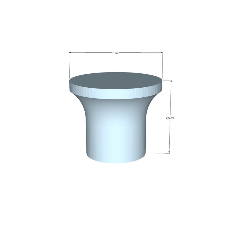 May include: A light blue cylindrical knob with a flared top. The object features technical dimension lines indicating a diameter of 1.18 inches and a height of 0.98 inches, providing clear measurements for this hardware component.