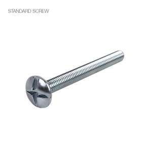 May include: A silver-colored metal standard screw with a rounded head and a cross-shaped Phillips drive slot. The threaded shank extends from the head, featuring a uniform spiral pattern along its length. The text STANDARD SCREW is visible.