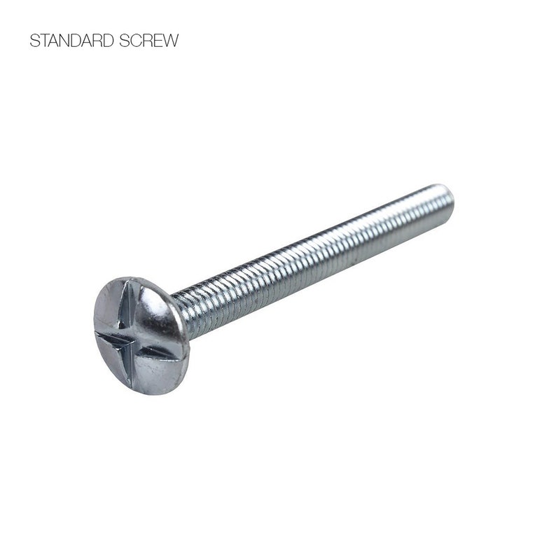 May include: A silver-colored metal standard screw with a rounded head and a cross-shaped Phillips drive slot. The threaded shank extends from the head, featuring a uniform spiral pattern along its length. The text STANDARD SCREW is visible.