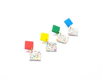 Medium square Terrazzo earrings, Jesmonite Ecological resin, red, blue, yellow and green