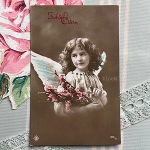 Paasgroet, vintage engel, paaskaart, vintage ansichtkaart, Edwardiaanse ansichtkaart, vintage paaskaart (rppc/se41)