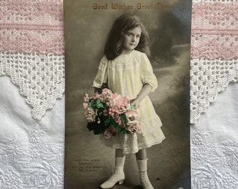 Antique postcard, girl postcard, untold happiness, vintage birthday postcard, girl with pink roses,  antique tinted photo   (rppc/gr24)