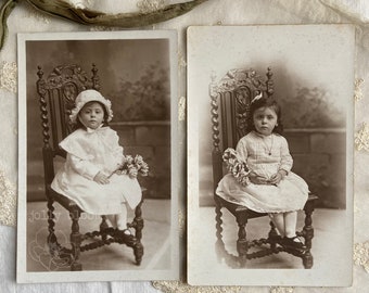 Pair of social history photos, original photo girl, Edwardian child, antique postcard, private issue, original photo, sepia photo (rpc/so17)