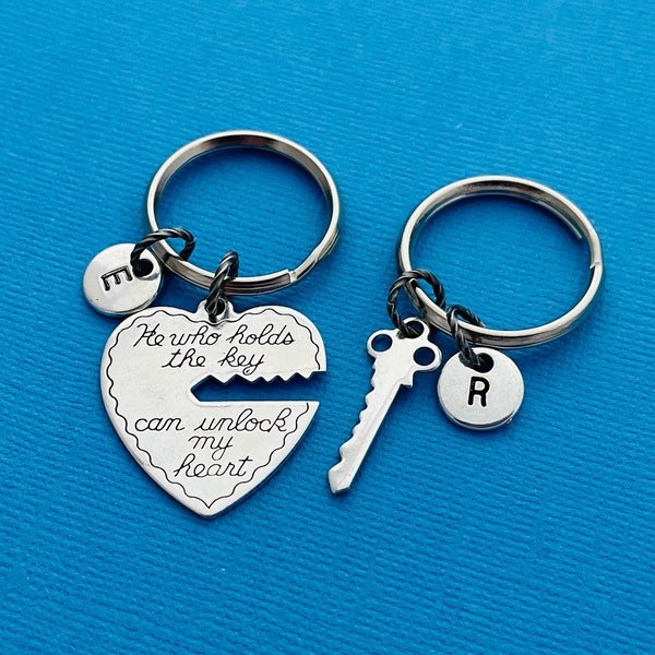 Gift for Husband, He Who Holds the Key can Unlock my Heart Keychain Set, Silver Heart & Key Keyrings, Wife Present, His and Hers, Love Token