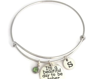 Personalised AA Recovery Gift, For Women, Sober Gift Ideas, Sobriety Jewelry, Expandable Bangle, Charm Bracelet, Addiction Recovery