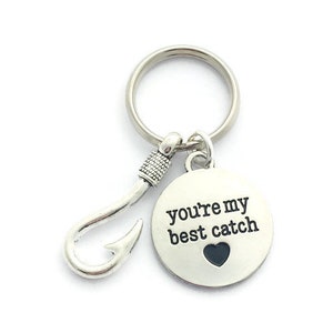 Valentines Gift for Boyfriend, Youre My Best Catch Keyring, Husband Keychain, Fish Hook Charm, Fisherman Present, Fiancé Birthday Gift Idea image 1