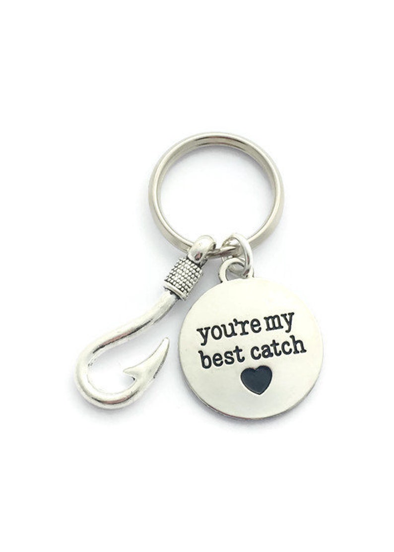 Valentines Gift for Boyfriend, Youre My Best Catch Keyring, Husband Keychain, Fish Hook Charm, Fisherman Present, Fiancé Birthday Gift Idea image 1