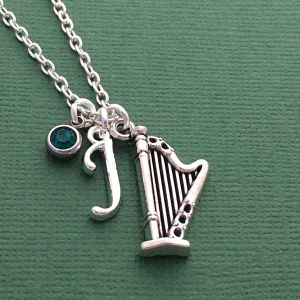 Harpist Gift, Harp Necklace, Personalised, Birthstone Necklace, Music Lover, Harp Teacher Gift, Birthday Gifts, Harp Player Present