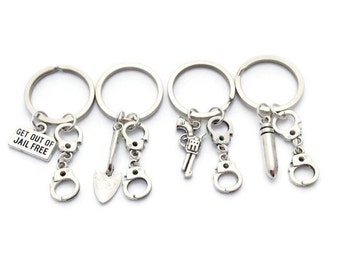 4 Best Friend Keyrings, Partner in Crime Keychains, Friendship Set, Gift for Sisters, Handcuff Accessory, Get Out of Jail Free, Four Cousins