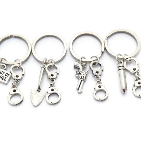 4 Best Friend Keyrings, Partner in Crime Keychains, Friendship Set, Gift for Sisters, Handcuff Accessory, Get Out of Jail Free, Four Cousins