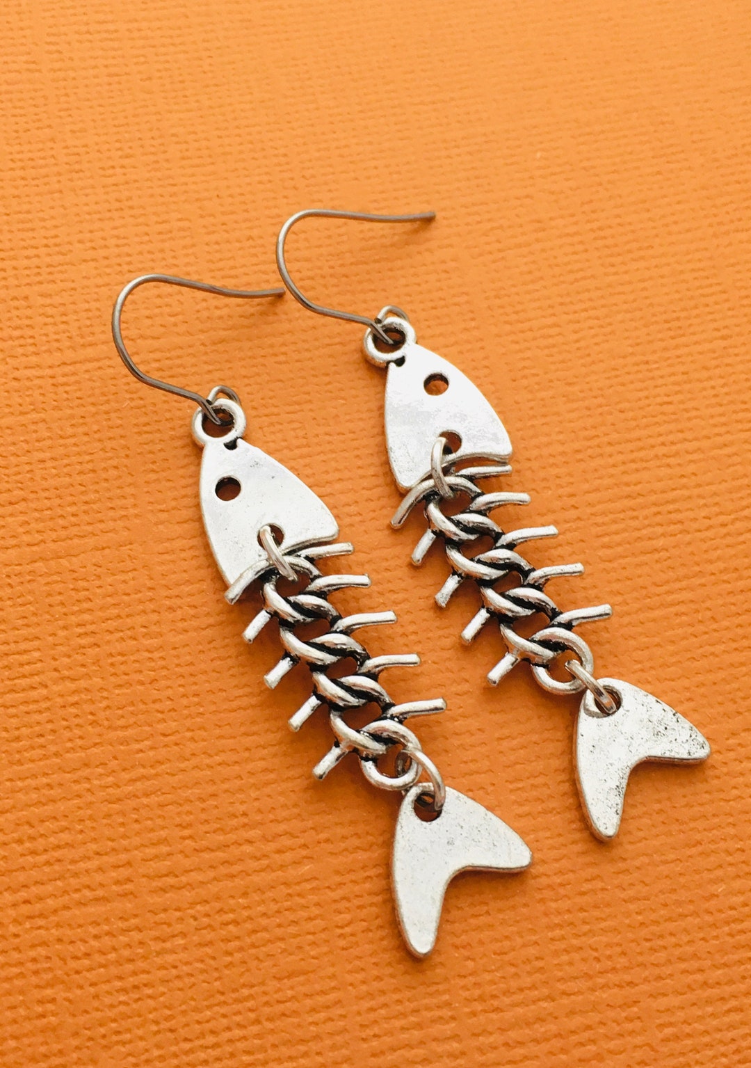 Fish Earrings, Fish Bone Earrings, Fish Skeleton, Emo Jewellery, Silver Fish Earrings, Fish