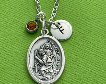 St Christopher Necklace, Saint Chris Medal, Personalised Birthstone, Religious Jewellery, Patron Saint of Travellers, Gap Year Gift