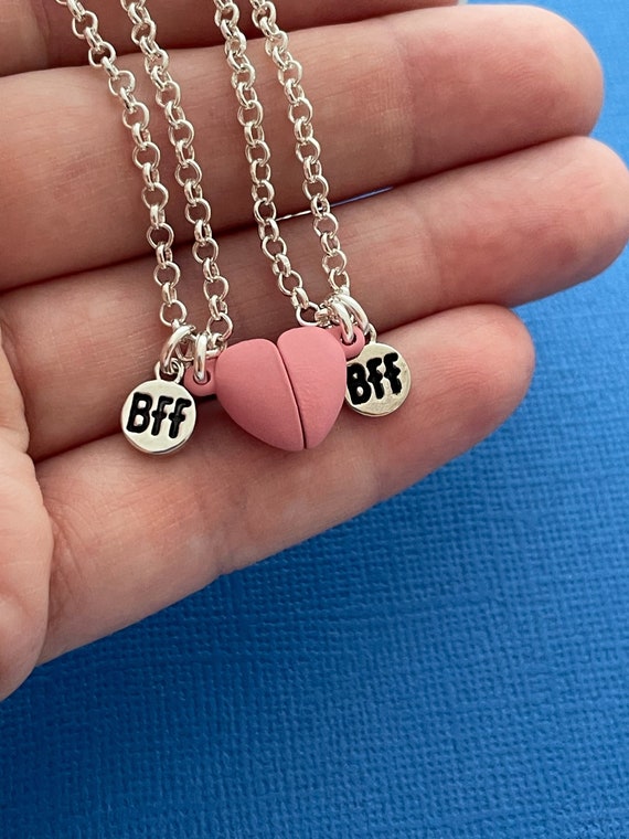 Magnetic Heart Necklace Set, Pink Magnet Heart Necklaces, BFF Necklaces, 2  Best Friends Gift, Little Girl Friend Jewelry, Friendship Present 