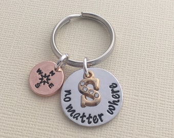 No Matter Where Keychain, Compass Keyring, BFF Gift, Miss You Gift, Custom Keychains, Long Distance Girlfriend, Sister Birthday Present