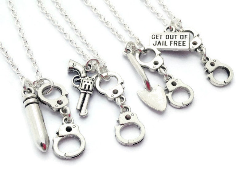 4 Best Friend Necklaces, Partner in Crime Jewelry, Friendship Set, Gift for Cousins, Handcuff Jewellery, Graduation Gifts for Group of BFF's image 1