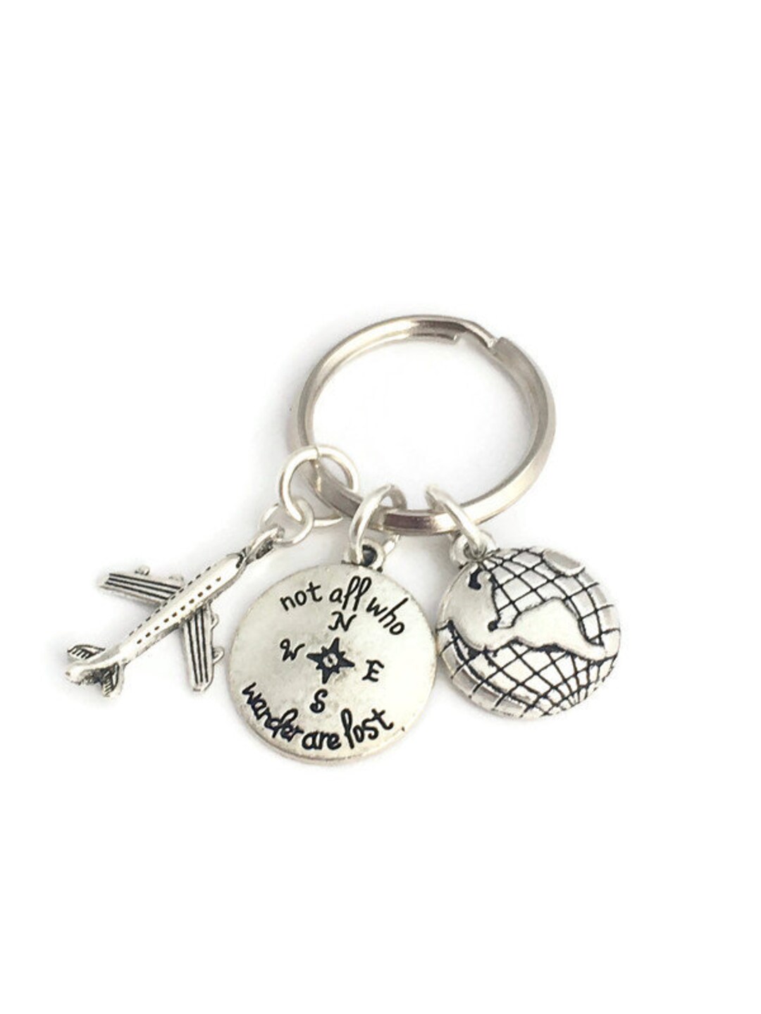 Travel Keychain, Globe Keyring, Wanderlust Jewelry, Silver Plane Key