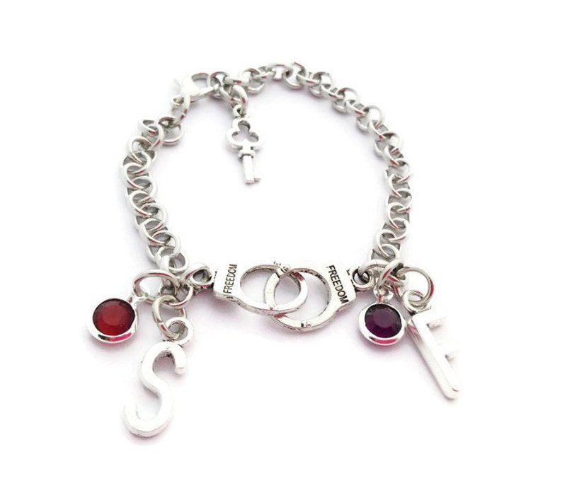 Handcuff Jewellery Custom Birthstone Friendship Token Partner in Crime Bracelet Best Friend Present 2 Initials Gifts Personalised Gift