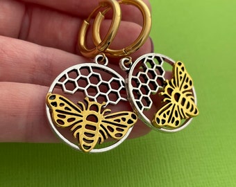 Honeycomb Bee Earrings, Gold and Silver Earrings, Bee Jewellery, Insect Jewelry, Hoop Charm Earrings, Bee Keeper Gift, Gifts for Her