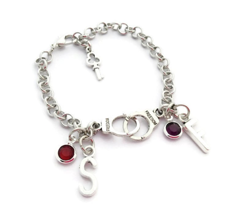 Handcuff Jewellery Custom Birthstone Friendship Token Partner in Crime Bracelet Best Friend Present 2 Initials Gifts Personalised Gift