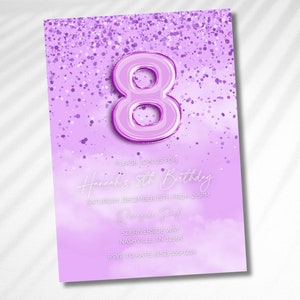 Purple 8th Birthday Editable Invitation Glitter Birthday Party Invite Girl Eighth Birthday Instant Download Digital