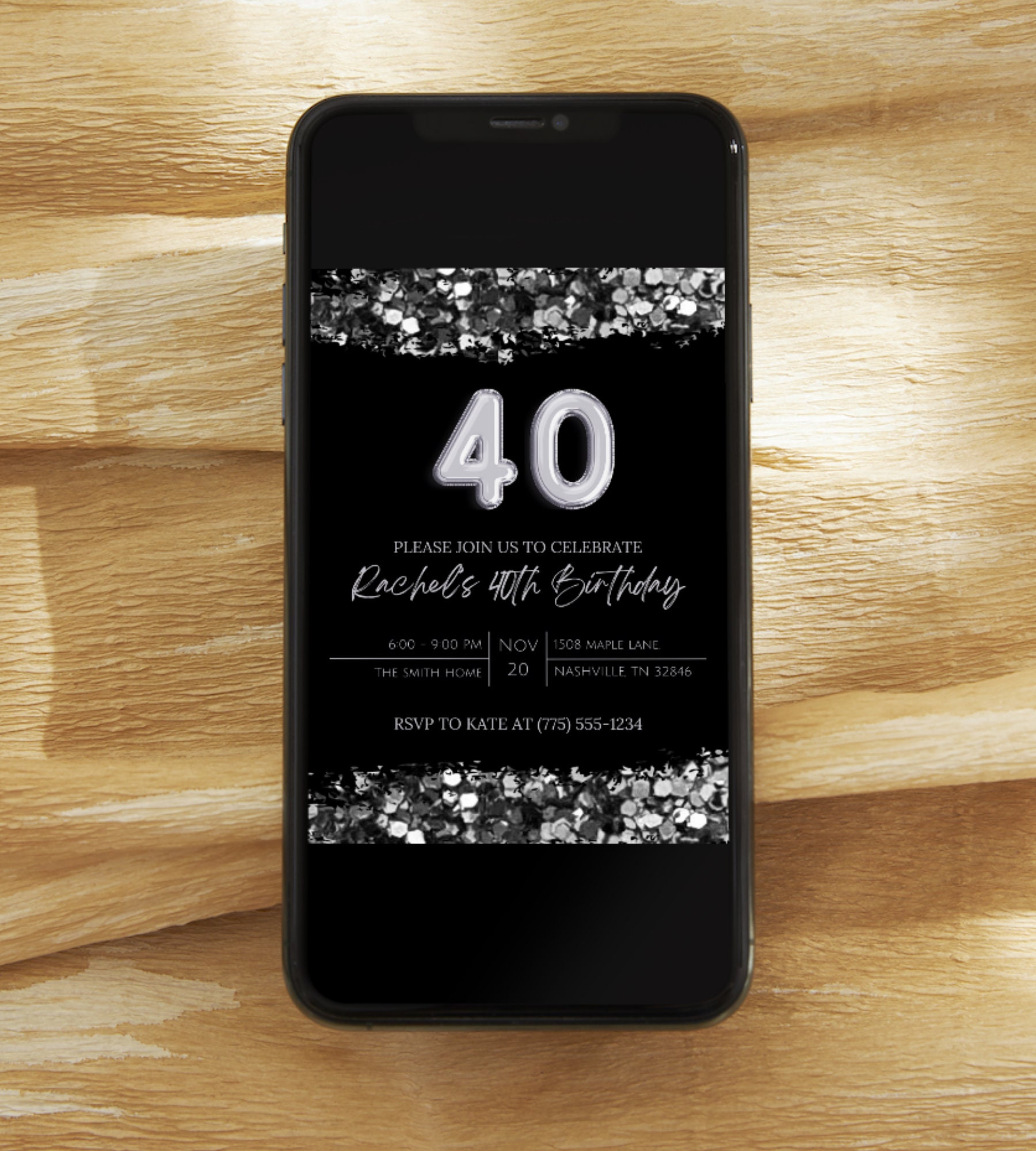 Editable 40th Birthday Invitation, Black and Silver Invitation, Silver ...