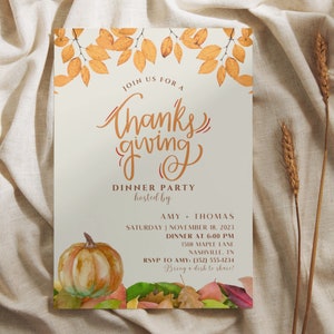Thanksgiving Party Invite, Fall leaves, pumpkin, Editable invite, Custom thanksgiving invitation