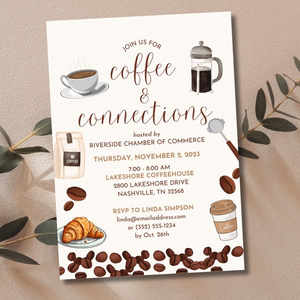 Coffee and Connection Networking Invitation Editable Template, Coffee Printable Digital Download, Breakfast Invite Coffee Cup