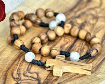 Colored Blessed Mother in figurine with Rosary; praying Mary figurine with olive wood rosary and certificate from the Holy Land