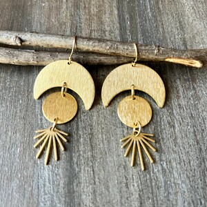 Dangly Crescent Moon and Sun Earrings-Raw Brass-Textured Gold-Boho-14k Gold Fill