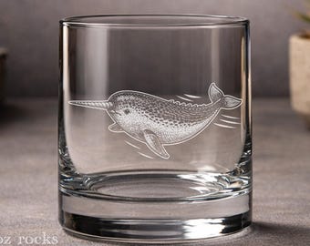Narwhal Engraved Drinkware | Personalized Arctic Unicorn Gift, Whiskey Wine Beer Tea Glass for Ocean Lover Unicorn of Sea
