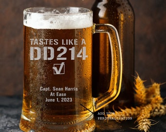 Personalized Military Retirement Glass Mug, DD214 Veteran Gift