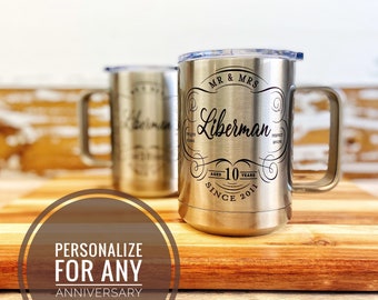 10th Anniversary Gift Personalized Stainless Steel Mug Set, Tin anniversary gift